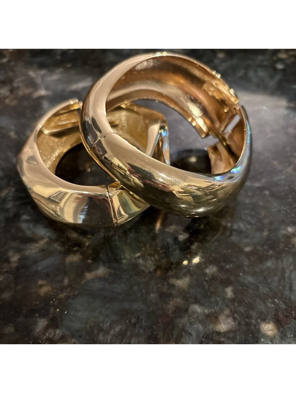 2 Shiny Gold Tone Abstract Bangle Bracelets Hinged